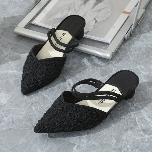 Women's Rose Embossed Slingback Sandals Chunky Low Heels