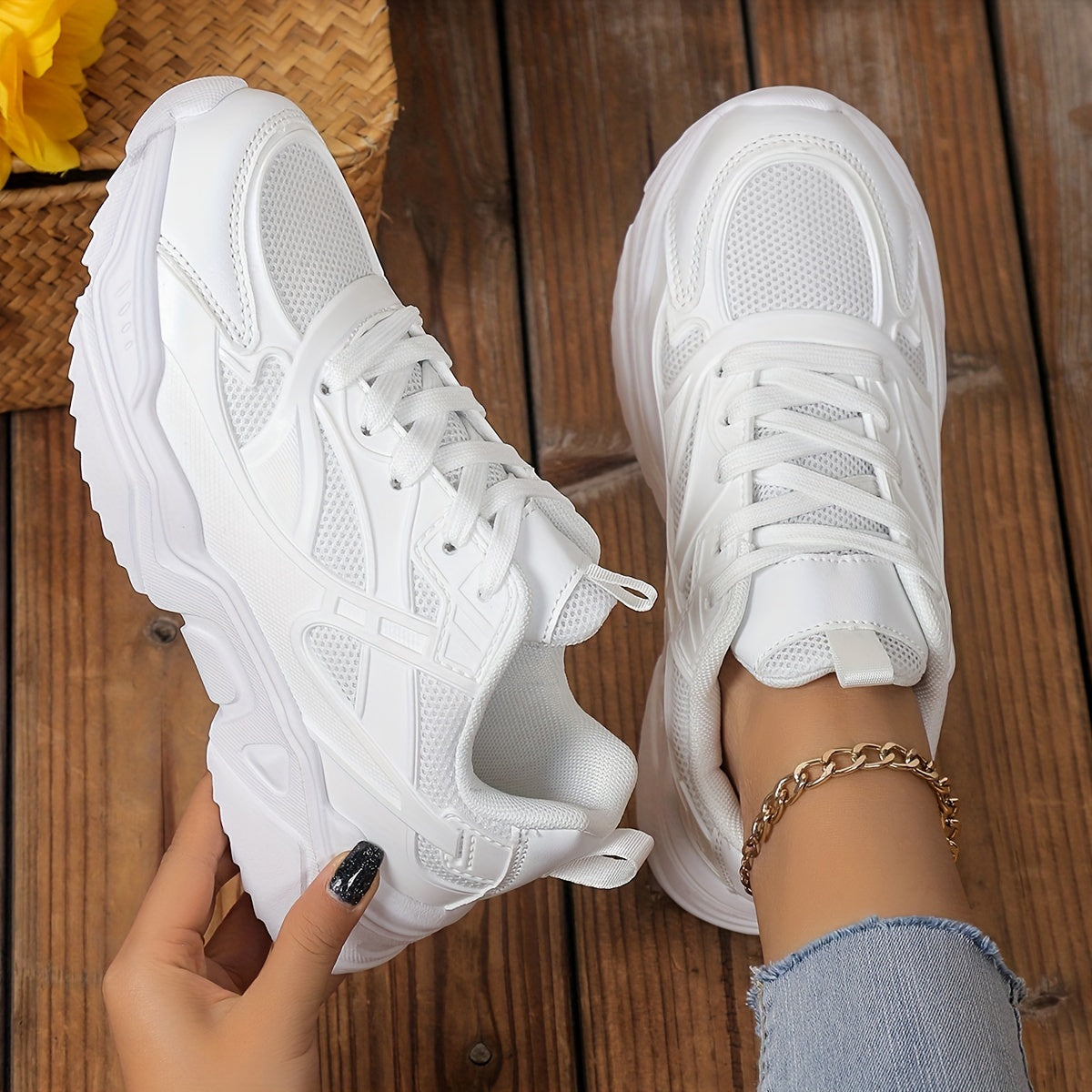 Solid Chunky Sneakers Heighten Lightweight Flying Woven Shoes
