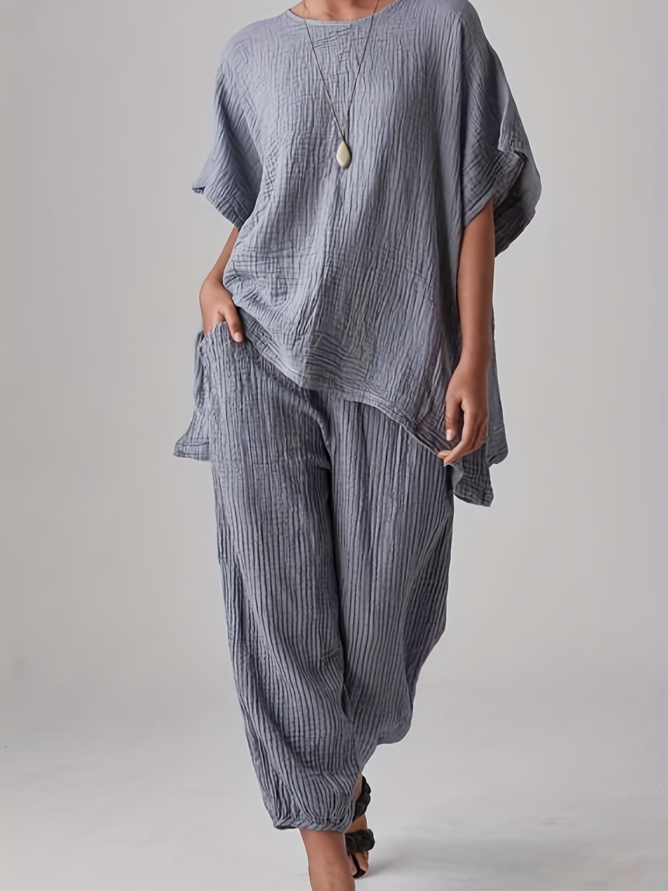 Solid Casual Two piece Set Crew Neck Loose Tops & Elastic Waist Jogger Pants
