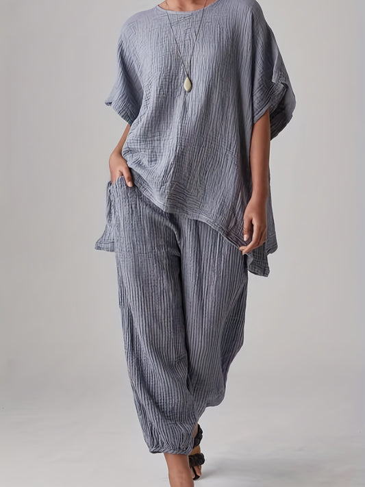 Solid Casual Two piece Set Crew Neck Loose Tops & Elastic Waist Jogger Pants