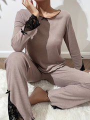Lace Stitching Pajama Set Long Sleeve Top & Cozy Pants Women's Sleepwear