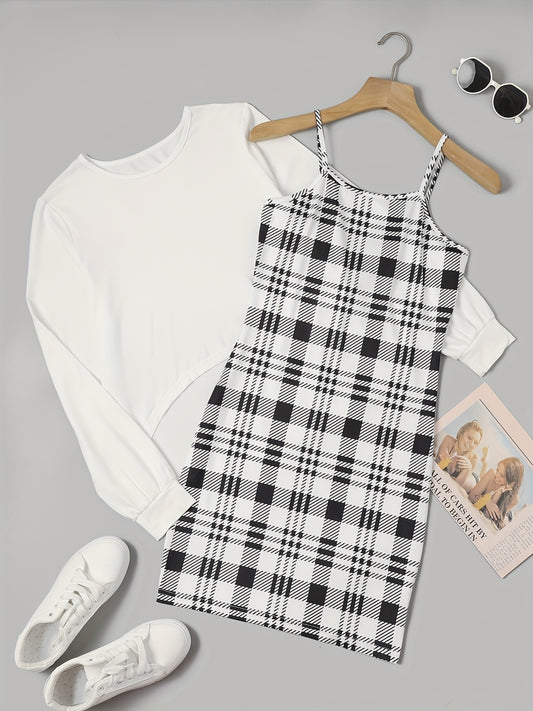  2 Piece Set Long Sleeve Top & Plaid Print Cami Dress Outfits
