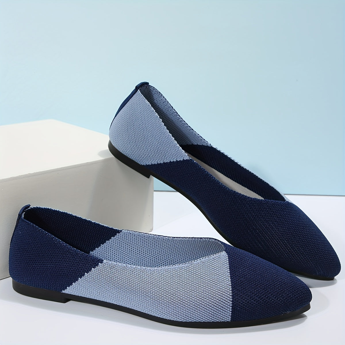 Colorblock Pointed Toe Knitted Slip On Ballet Flats