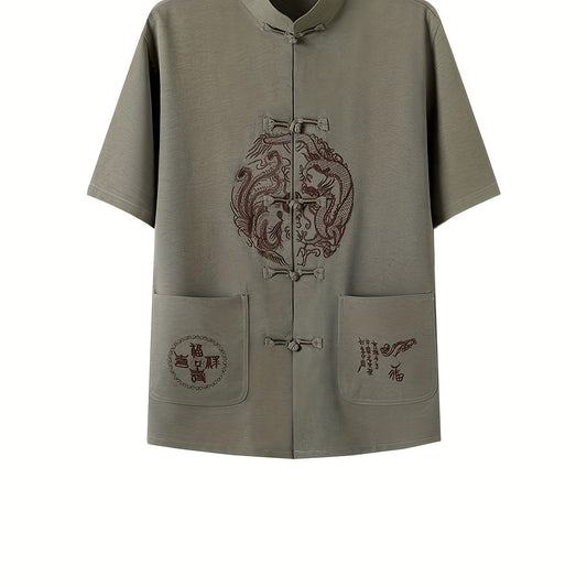 Men's Dragon Print Frog Button Chinese Style Shirt