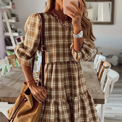  Plaid Print Lantern Sleeve Smock Mini Dress