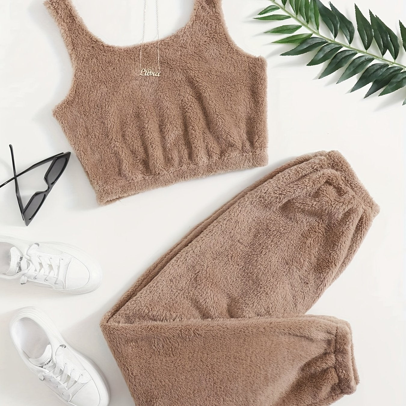 Solid Fuzzy Lounge Set Crew Neck Tank Top & Pants Women's Loungewear