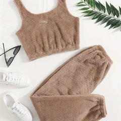 Solid Fuzzy Lounge Set Crew Neck Tank Top & Pants Women's Loungewear