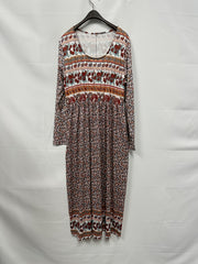  Boho Dress Colorblock Floral Print Long Sleeve Round Neck Dress