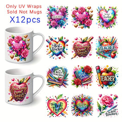 12pcs Teacher Themed Mug Stickers UV DTF High Adhesion Waterproof Decals