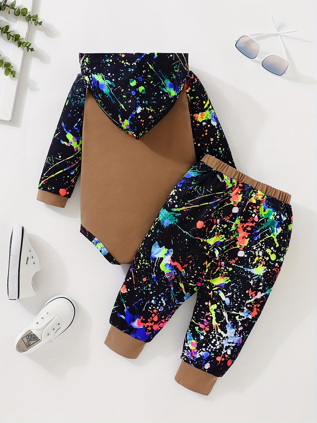 Baby Boy's Graffiti Print Triangle Hoodie Romper & Pants