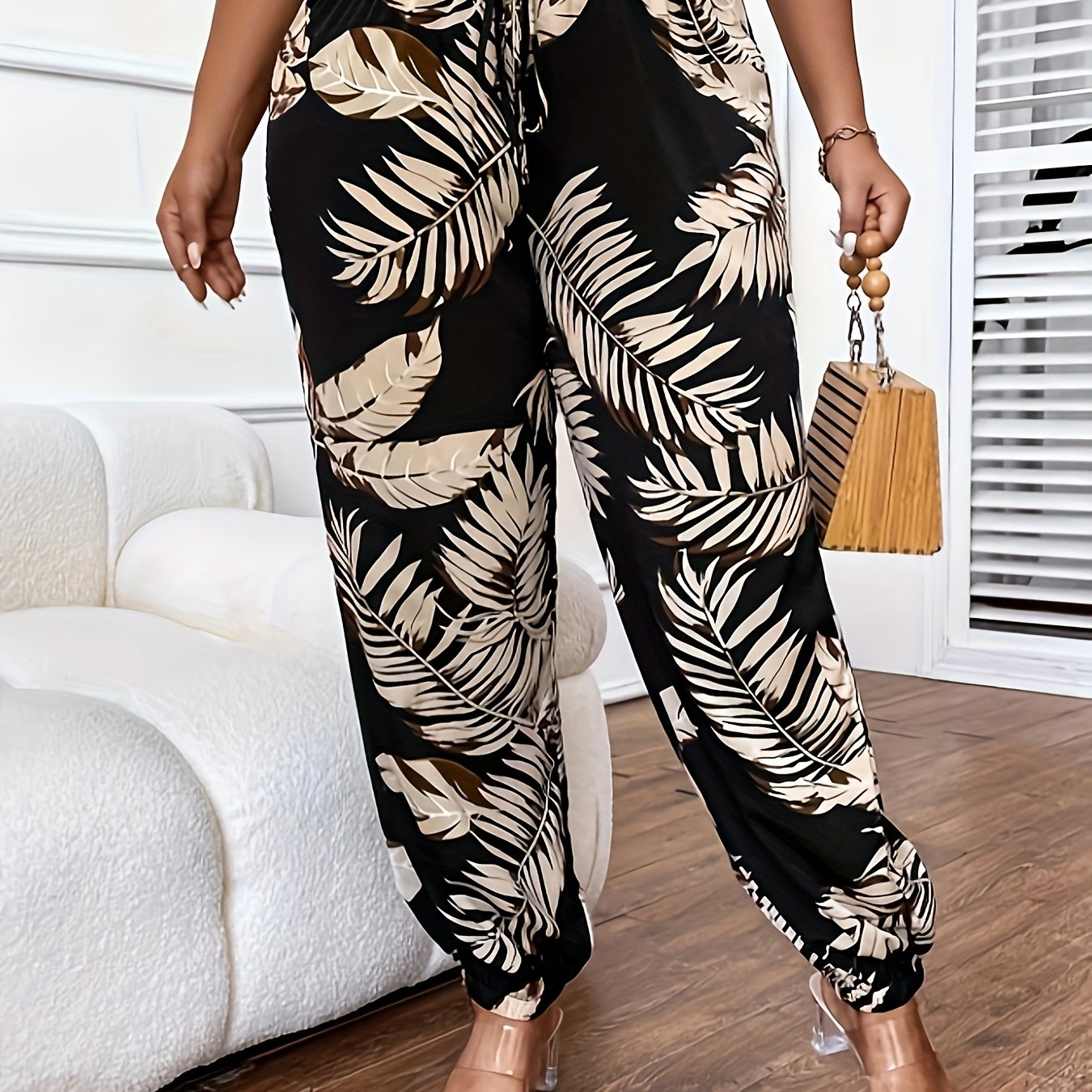  Boho Pants Women's Plus Tropical Print Drawstring Elastic