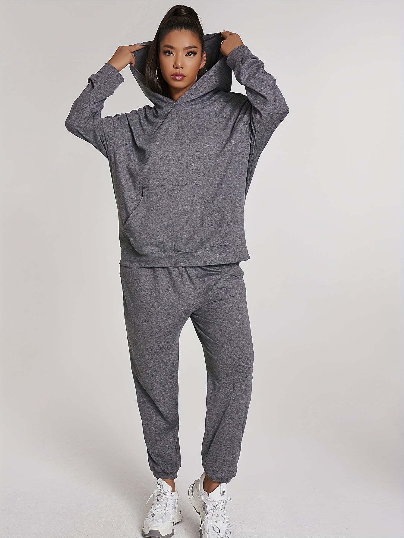  Hooded Sweatshirt & Joggers Set Solid Long Sleeve Outfits