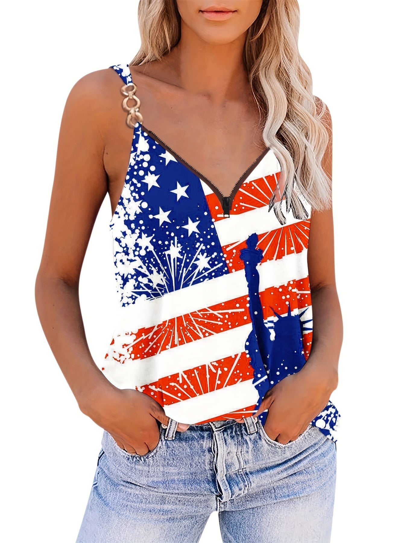Plus Size Flag Print V Neck Cami Top Medium Stretch Independence Casual