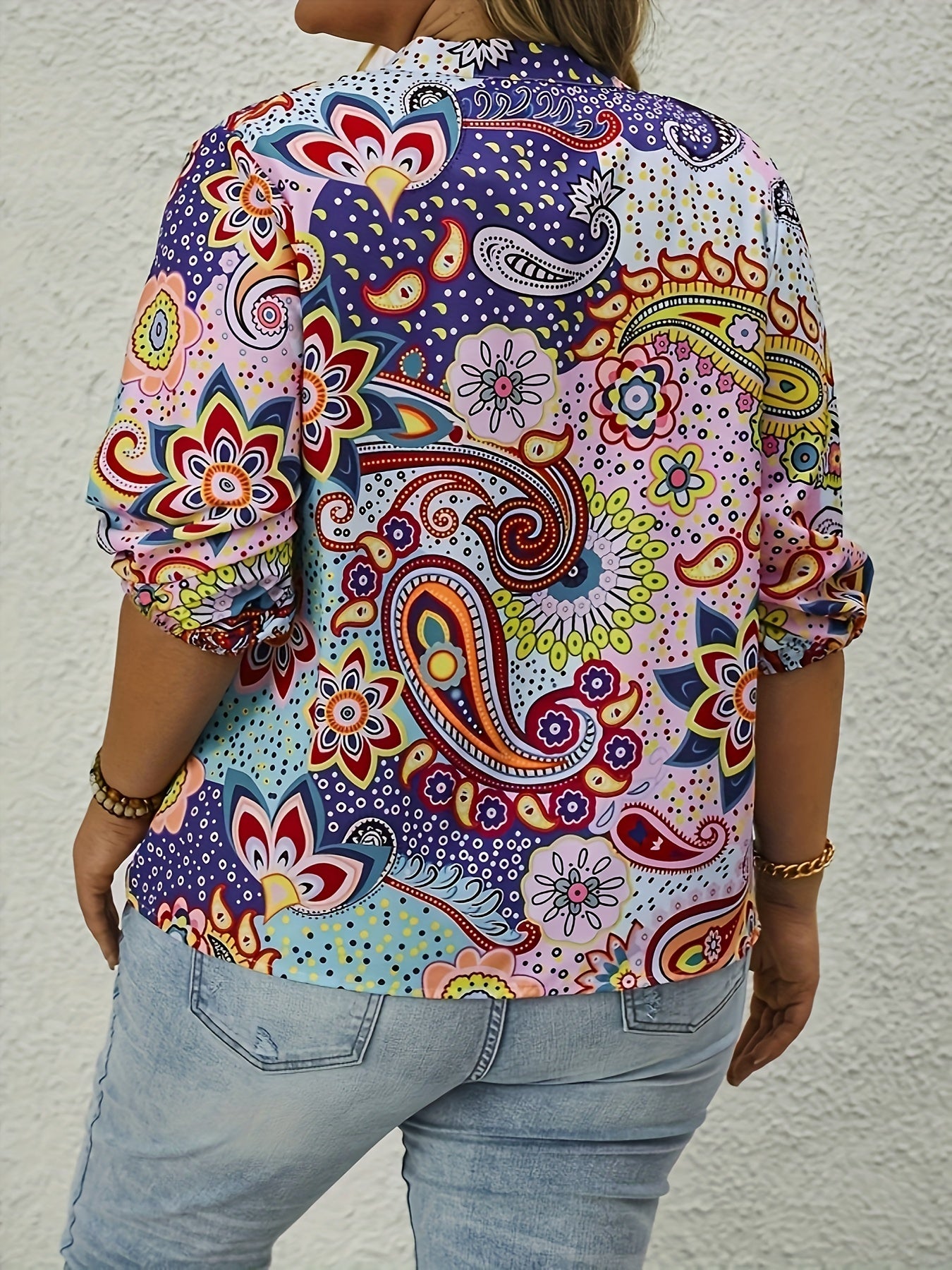  Paisley Floral Boho Blouse Button Up Mock Neck Shirt