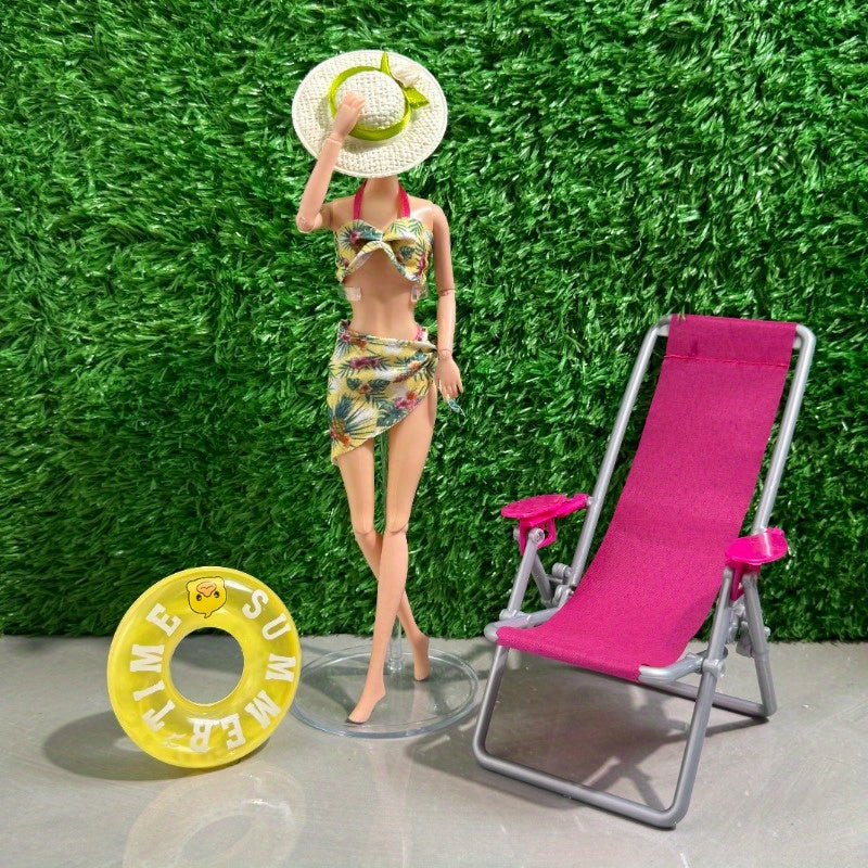 Dollhouse Beach Set with Chair, Ring, Hat, Swimsuit & Decor