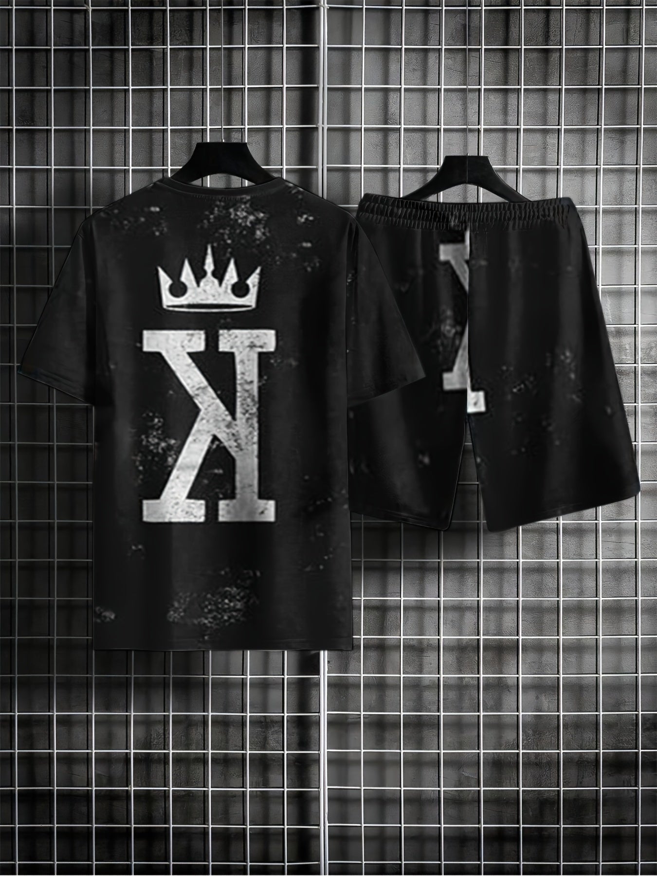 Crown & Letter K Mens 2 Piece Outfits T-shirt & Shorts Set