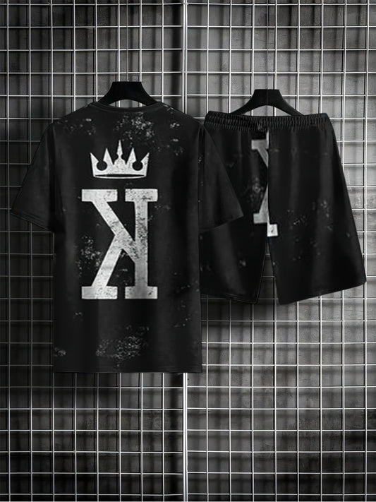 Crown & Letter K Mens 2 Piece Outfits T-shirt & Shorts Set