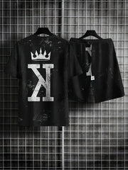 Crown & Letter K Mens 2 Piece Outfits T-shirt & Shorts Set