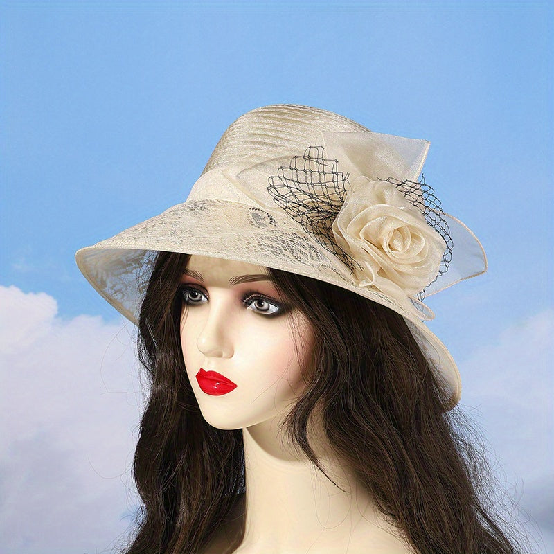 Mesh Flower Decor Bucket Hat British Style Solid Thin Basin Hat