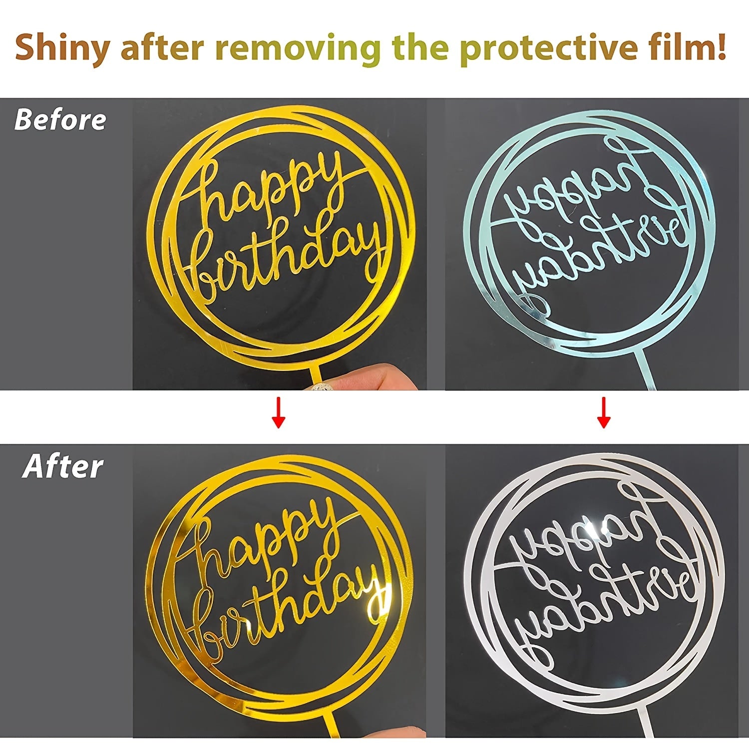 6pc Golden Happy Birthday Cake Toppers Acrylic Decorations