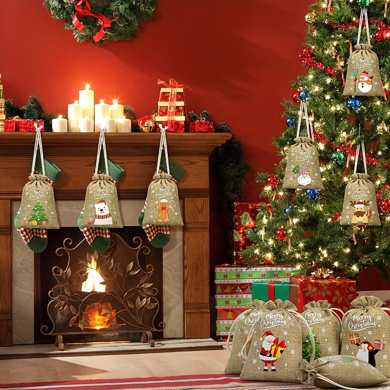 24pcs Christmas Burlap Gift Bag Drawstring Christmas Flax Bag