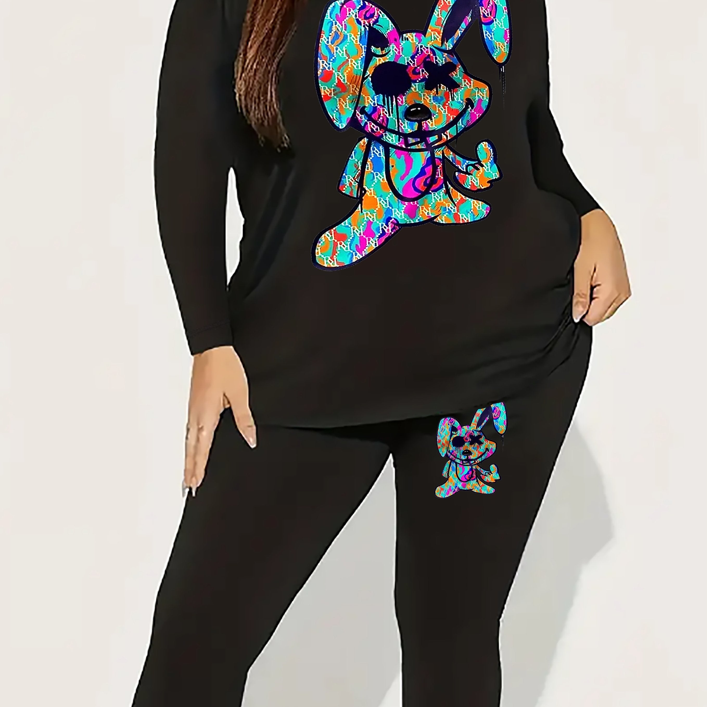  Women's Rabbit Print Top & Leggings Outfits 2 Piece Set