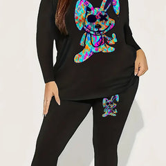  Women's Rabbit Print Top & Leggings Outfits 2 Piece Set