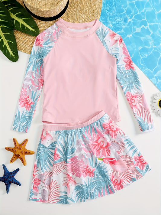 Girls Swimsuit 2pcs Long Sleeve T shirt & Skirts Tropical Floral Print