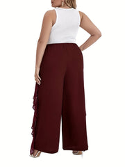  Solid Ruffle Trim High Rise Wide Leg Pants