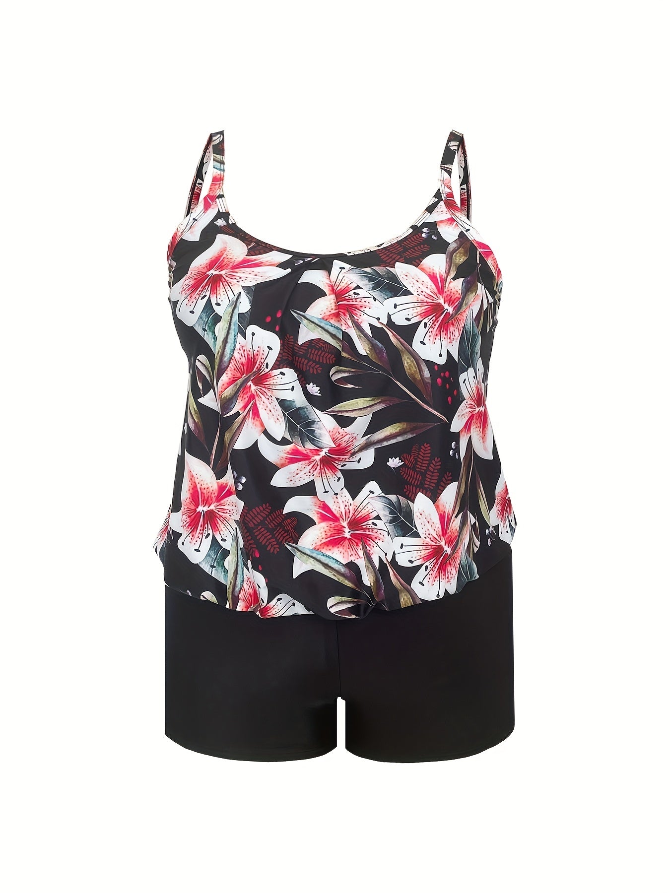  Floral Ribbed Tank Top & Solid Shorts Swimsuit Set