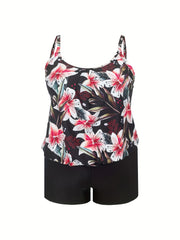  Floral Ribbed Tank Top & Solid Shorts Swimsuit Set