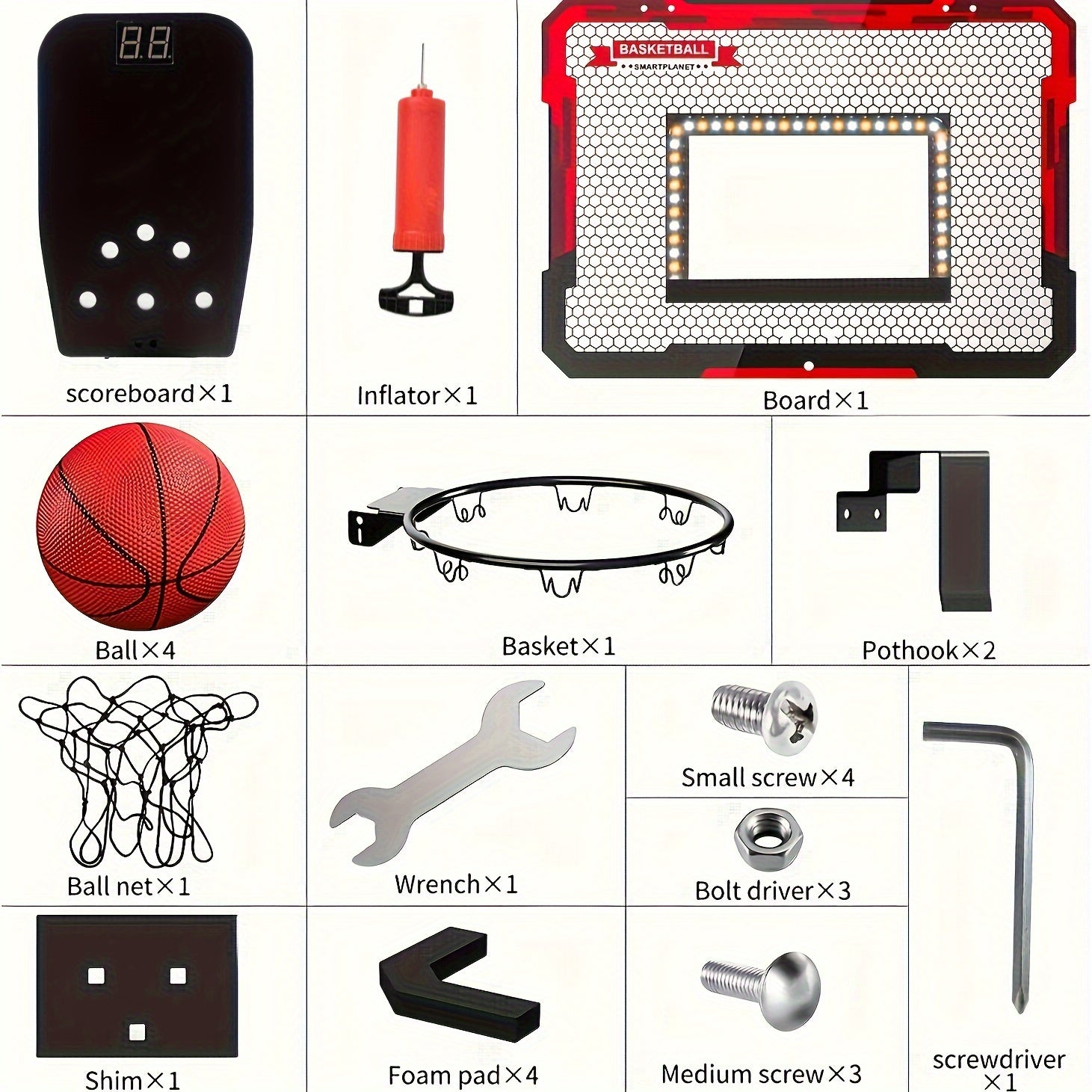 LED Indoor Basketball Hoop with Electronic Scoreboard & 4 Balls