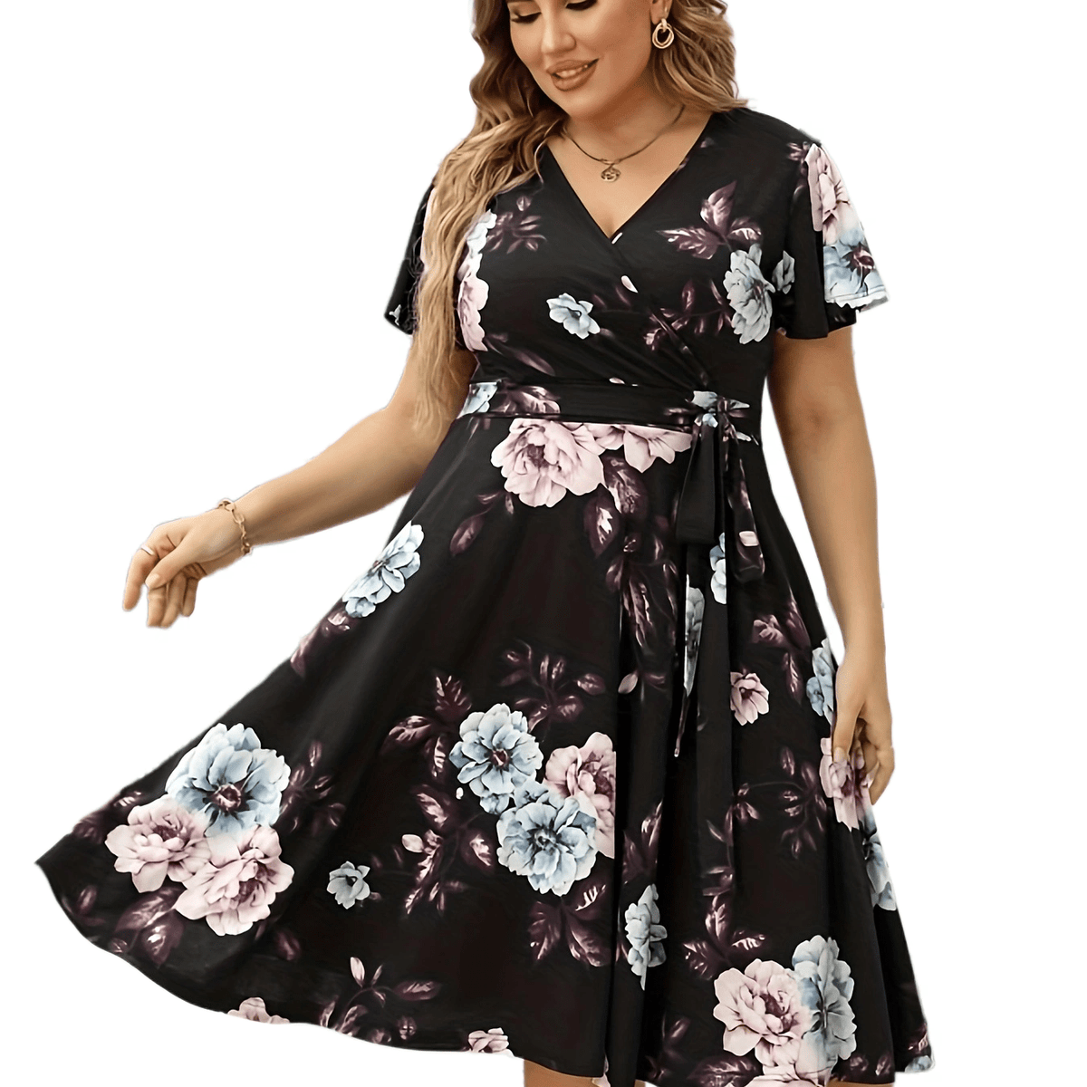 Women's Plus Floral Print Cap Sleeve Surplice Neck Bow Knot Medium Stretch Dress