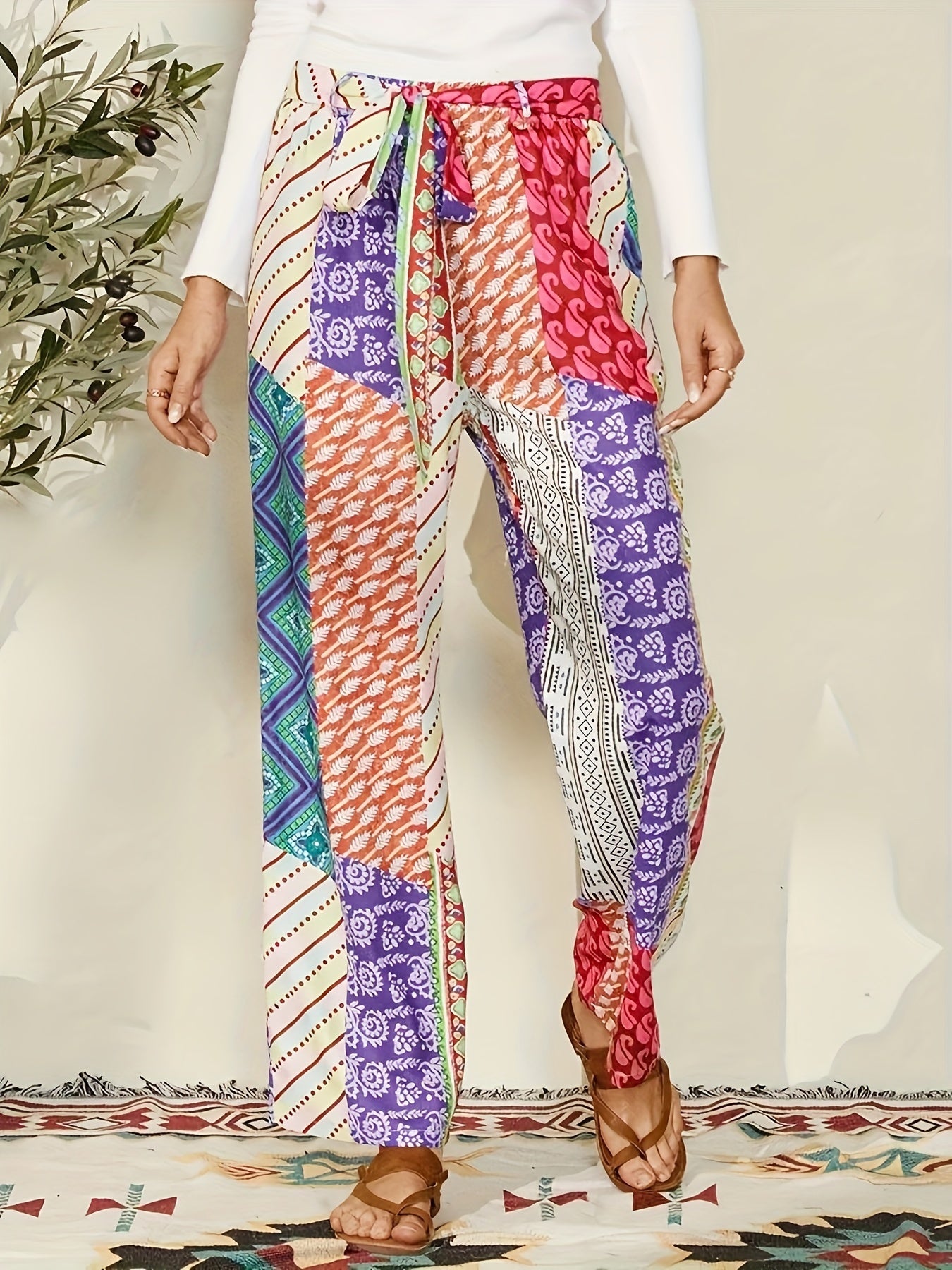  Patchwork Geo Print Loose Trousers With Belt
