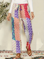  Patchwork Geo Print Loose Trousers With Belt