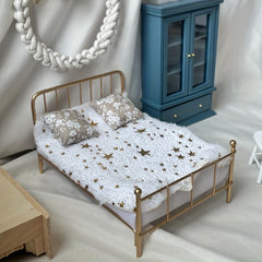 1:12 Mini Dollhouse Bedroom Set with Metal Double Bed