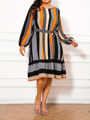 Women's Plus Colorblock Dot & Geometric Print Dress With Lantern Sleeves