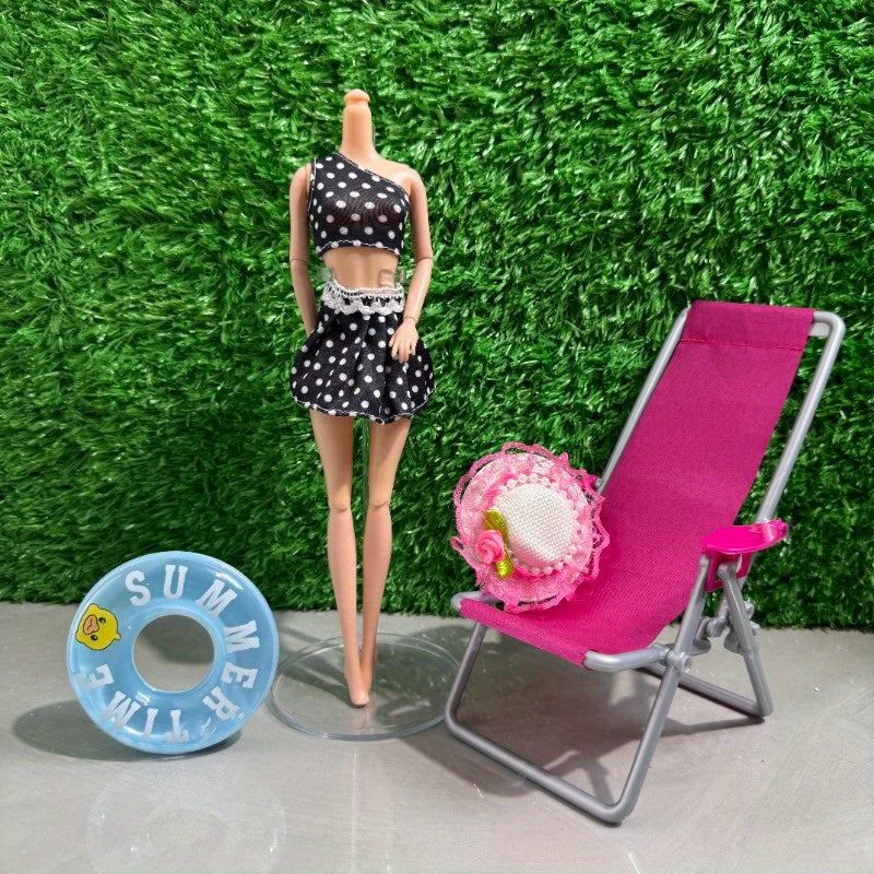 Dollhouse Beach Set with Chair, Ring, Hat, Swimsuit & Decor