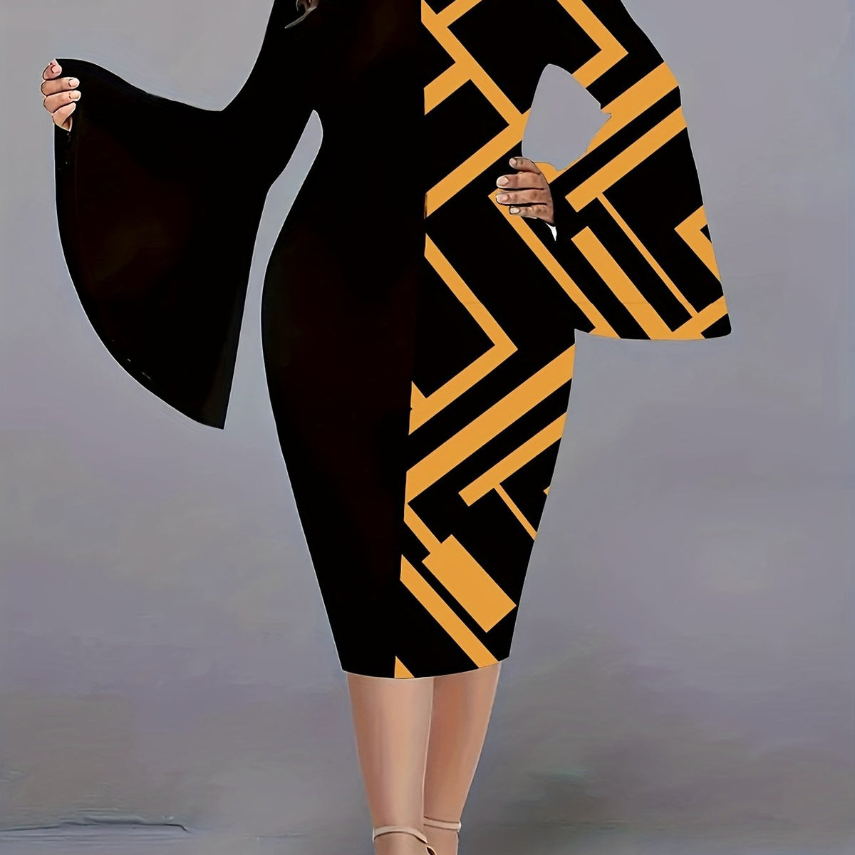  Colorblock Geometric Print Bell Sleeve Midi Dress