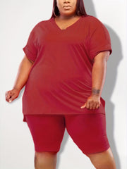  Solid Short Sleeve V Neck Split Tee & Shorts Set