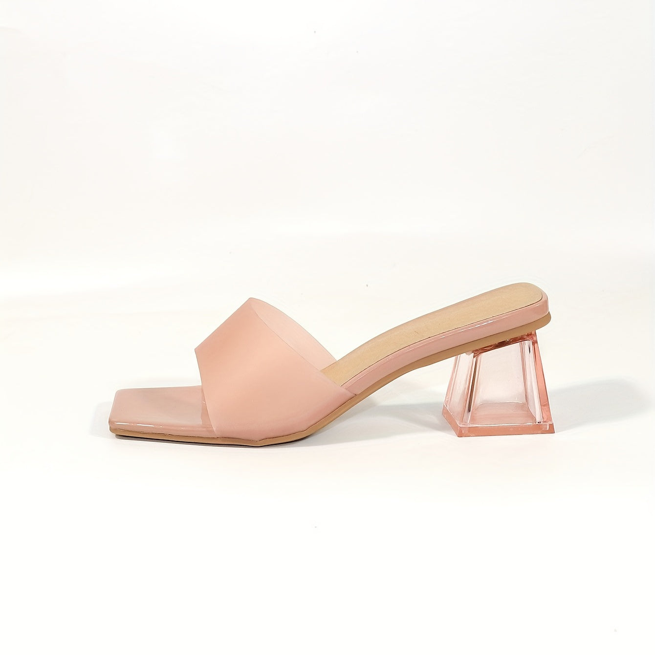 Women's Pink Mule Sandals Clear Chunky Heels Open Toe Slip On