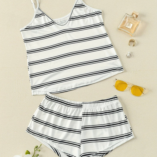 Stripe Print Pajama Set Cami Top & Shorts