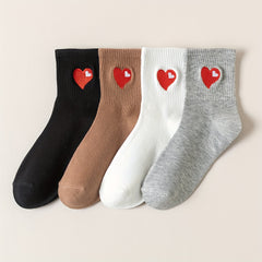 4 Pairs Heart Embroidery Socks Mid Tube Stockings