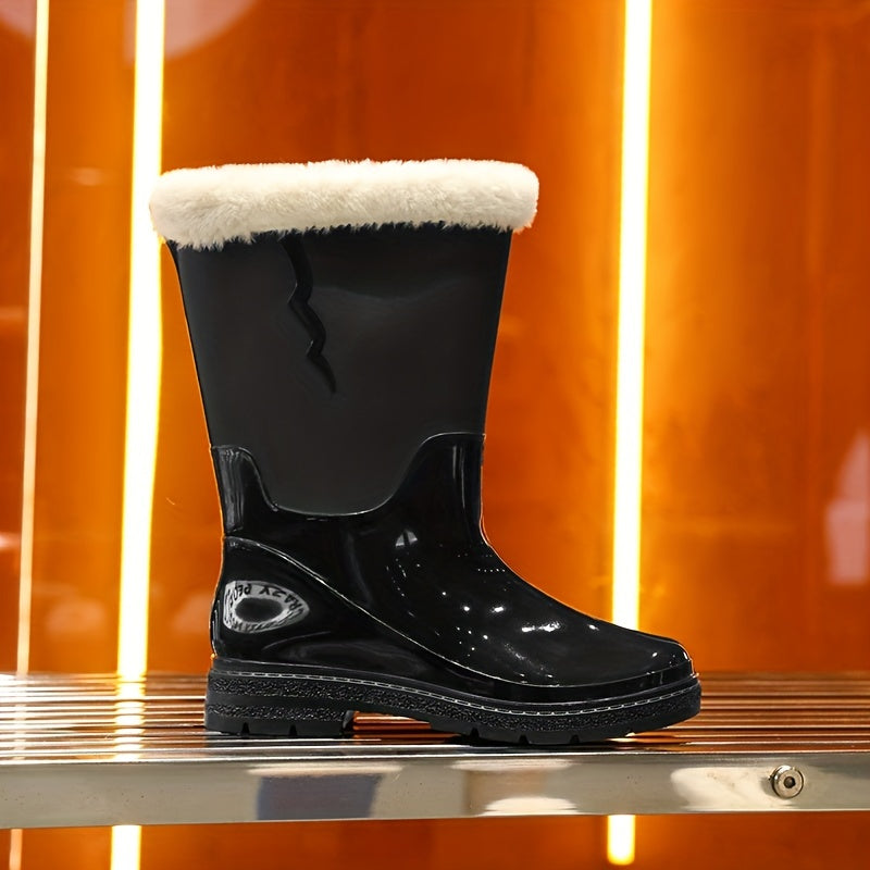 Women's Fleece Liner Rain Boots Slip on Mid Calf Boots