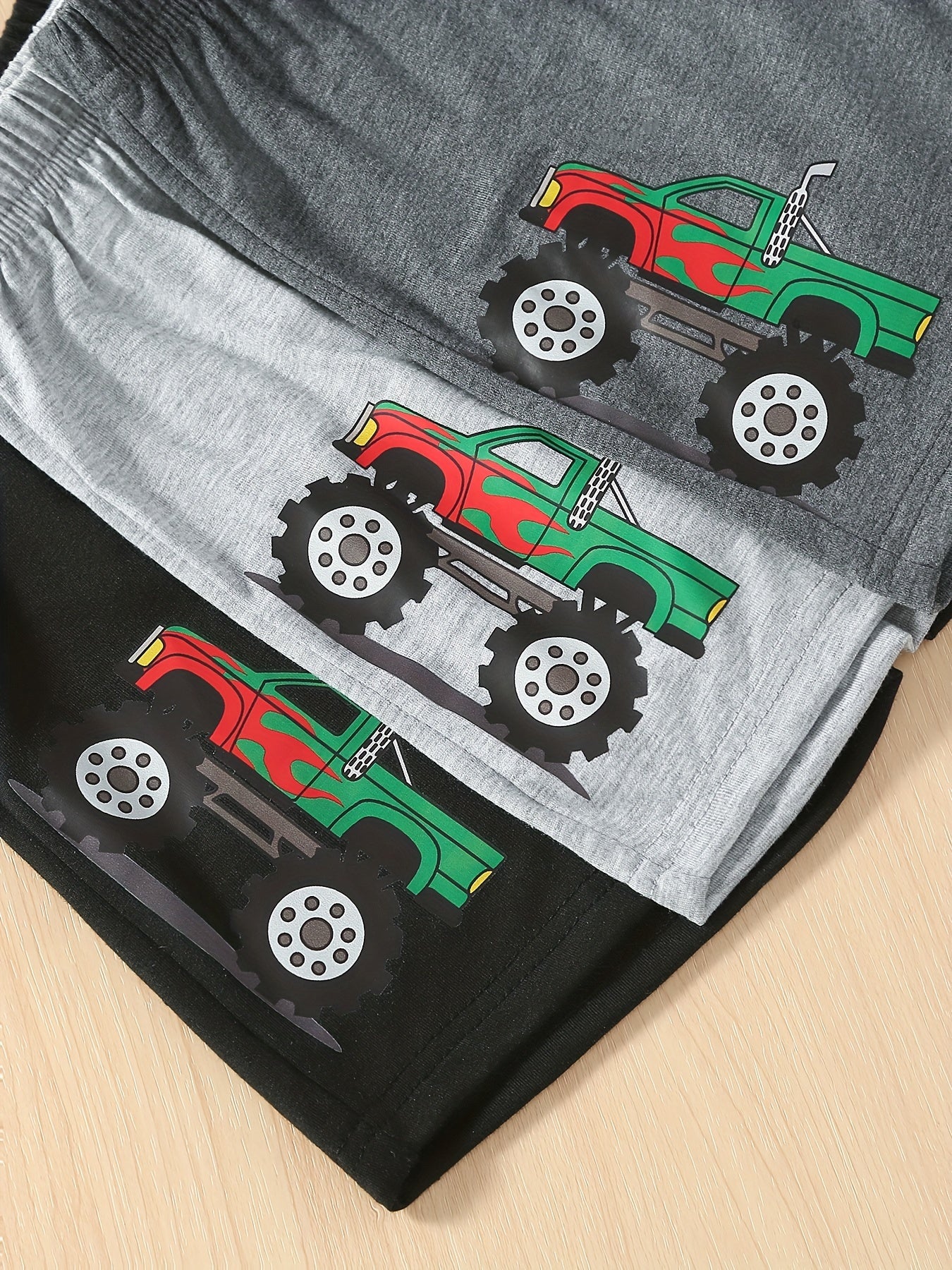 3pcs Monster Truck Print Boys Shorts Quick-drying for Summer