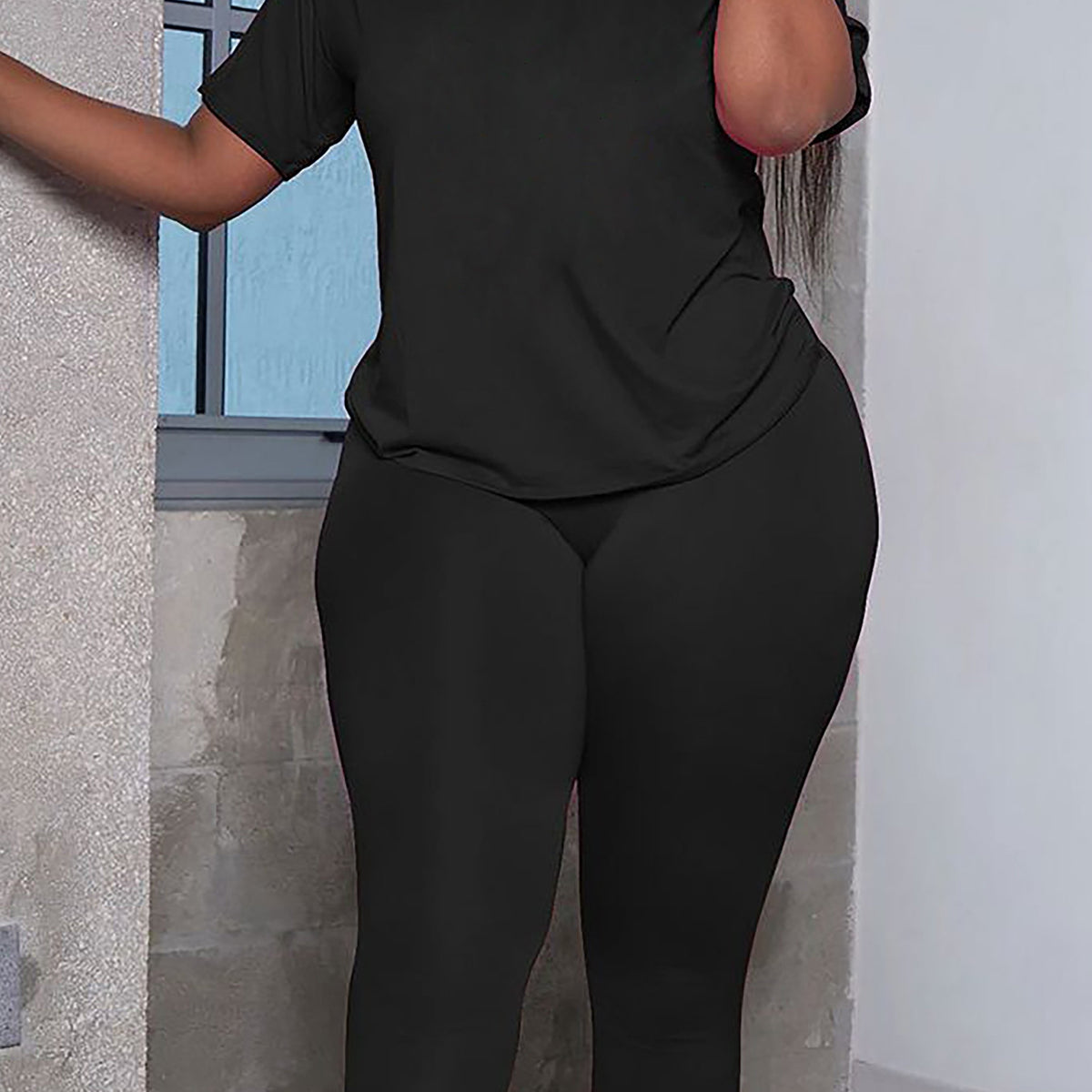 Casual Two Piece Set Crew Neck T-shirt & Slim Long Pants Women's Outfit