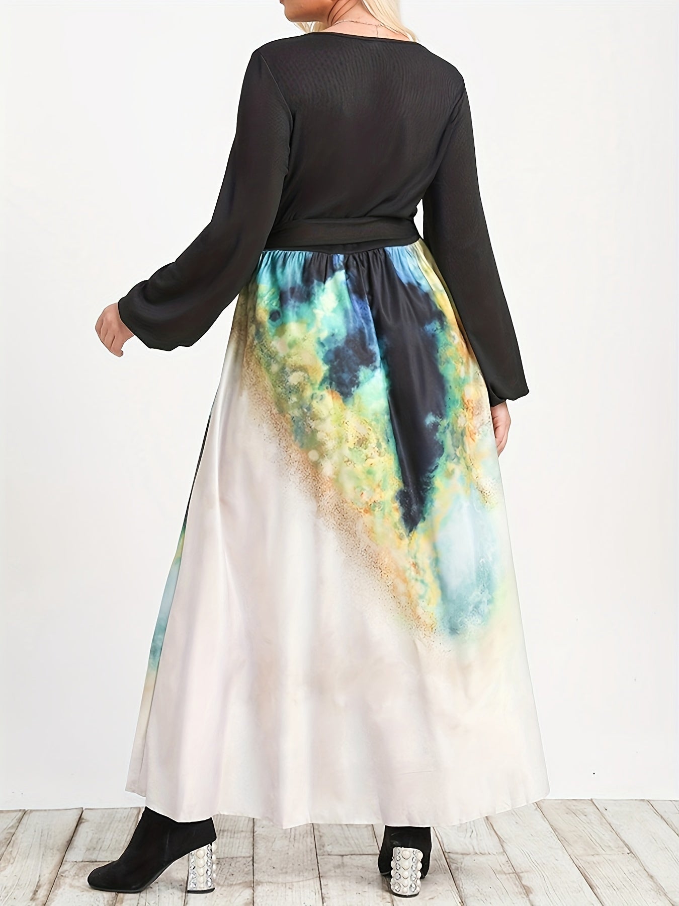  Colorblock Floral Print V Neck Maxi Dress