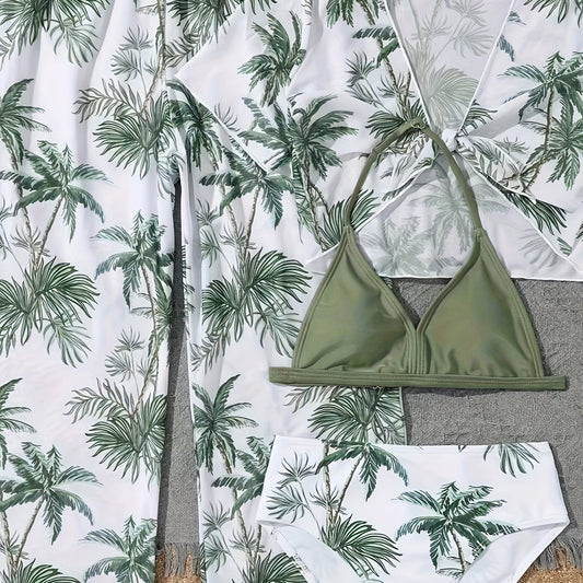 4pcs Coconut Tree Swimsuit Set for Girls - Comfy Bathing Suit