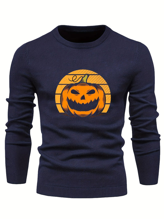 Cartoon Pumpkin Jack O Lantern Slim Warm Sweater Men's Casual Retro Style