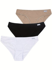 3pcs Solid Bikini Panties Comfy & Breathable Women's Lingerie
